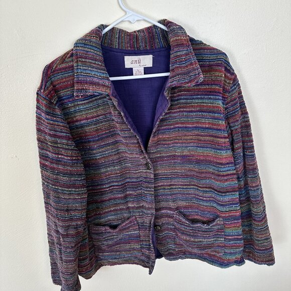 Anu By Natural Multicolor Striped Womens Cotton Jacket Large Purple Pockets - Picture 1 of 8